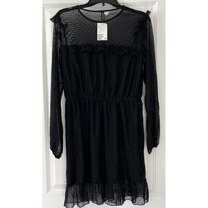 H&M Divided BLACK Polka Dot Ruffled Long Sleeve Dress Size MED Cottage Sweet